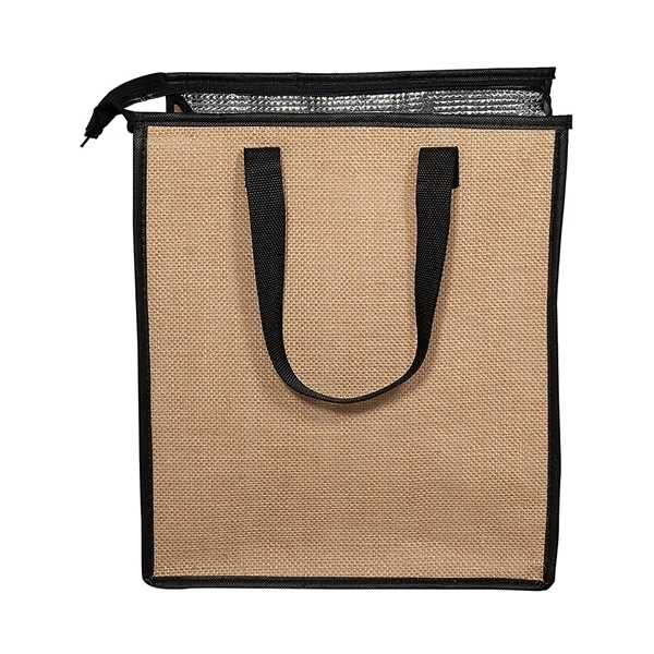 aerial view a black insulated jute cooler tote 12w x 13.75h x 8d, image 2 of 2