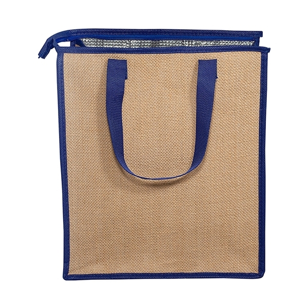 aerial view a reflex blue insulated jute cooler tote 12w x 13.75h x 8d, image 2 of 2