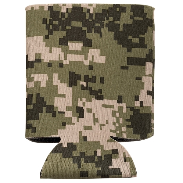aerial view a digital camouflage folding foam can cooler sleeve, image 3 of 4
