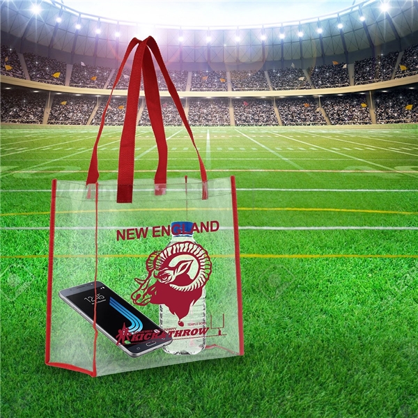 aerial view a clear with red trim and handles matterhorn clear vinyl stadium compliant tote bag, image 5 of 5