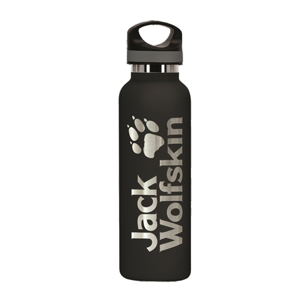 aerial view a black 20 oz basecamp tundra bottle with screw top lid, image 7 of 9