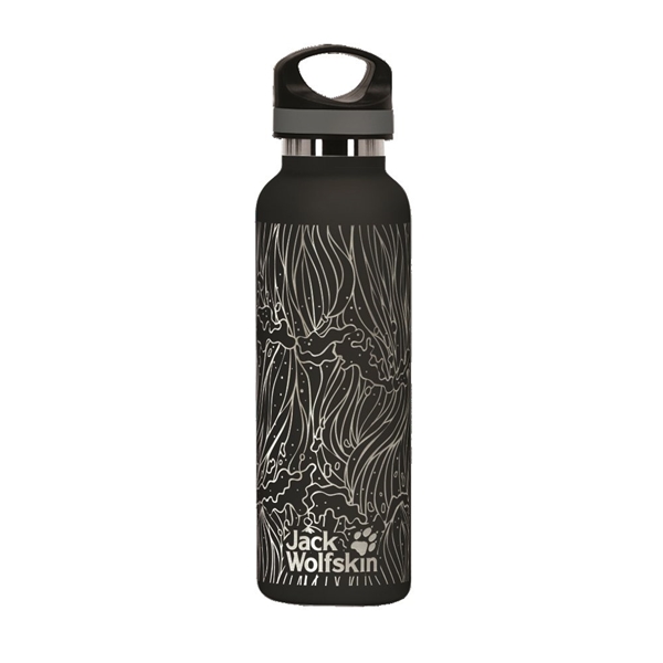 aerial view a black 20 oz basecamp tundra bottle with screw top lid, image 8 of 9