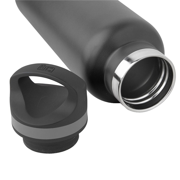 aerial view a black 20 oz basecamp tundra bottle with screw top lid, image 9 of 9