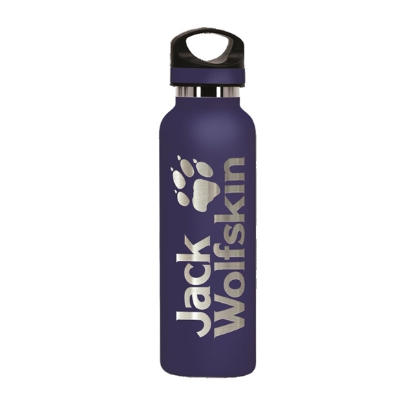 aerial view a navy blue 20 oz basecamp tundra bottle with screw top lid, image 7 of 8