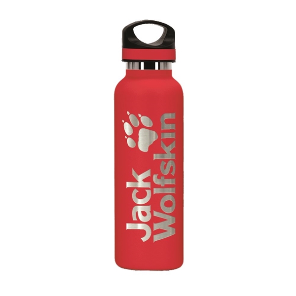 aerial view a red 20 oz basecamp tundra bottle with screw top lid, image 7 of 9