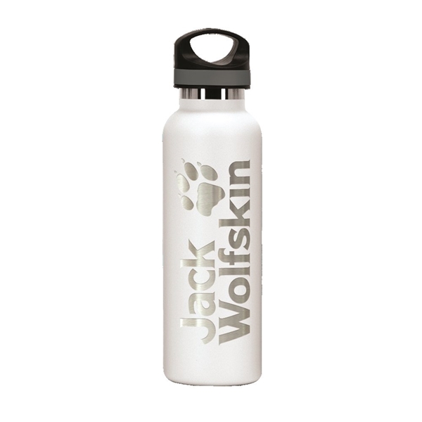 aerial view a white 20 oz basecamp tundra bottle with screw top lid, image 8 of 9