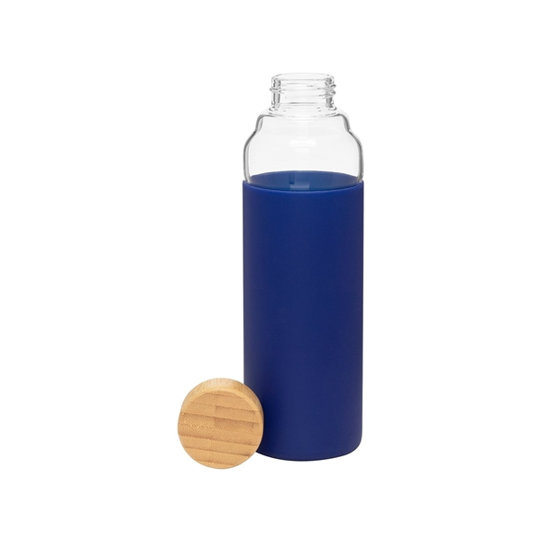 aerial view a blue h2go bali 18 oz glass water bottle with bamboo lid - blue, image 3 of 4