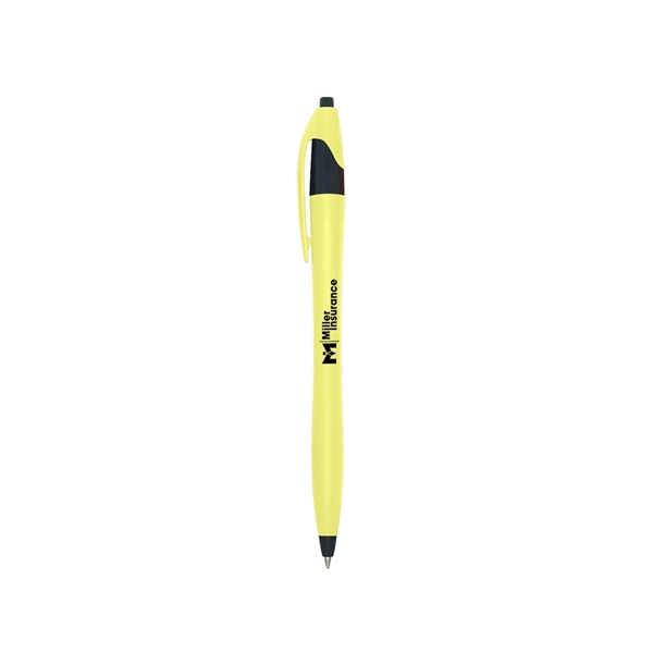 aerial view a yellow with black trim / black ink dart click ballpoint pen, image 2 of 3