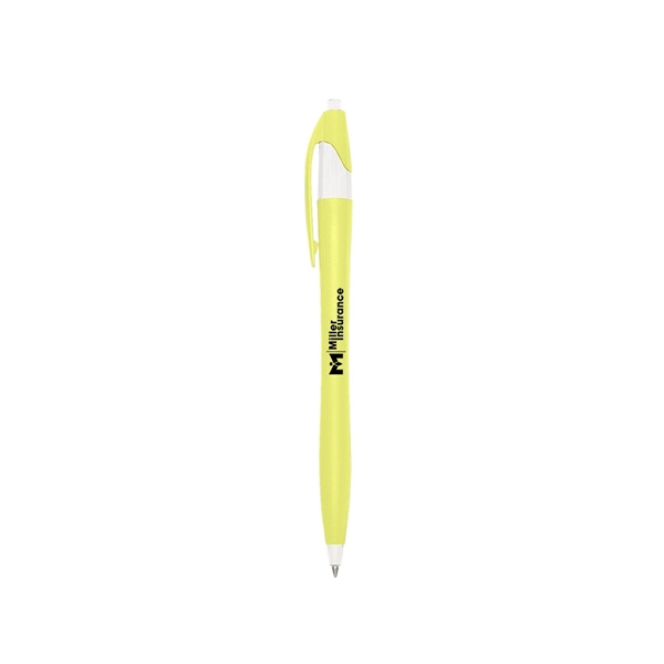 aerial view a yellow with white trim / black ink dart click ballpoint pen, image 2 of 3
