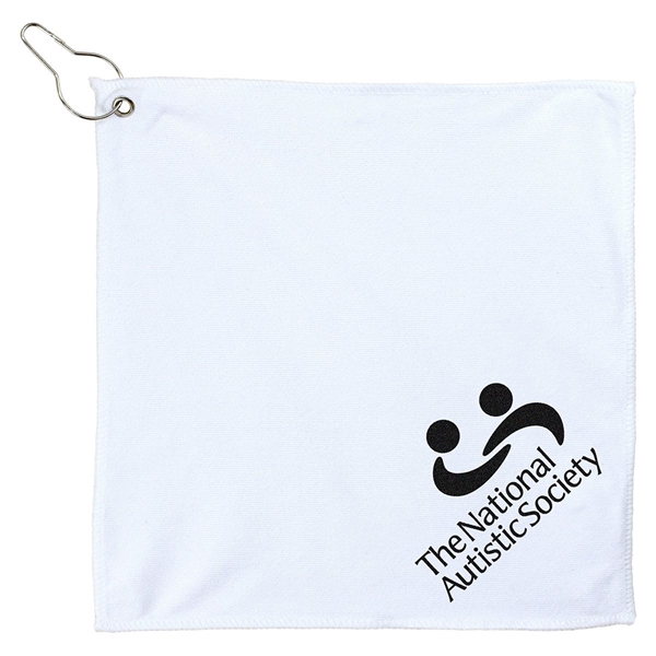 aerial view a white microfiber golf towel 12 x 12, image 2 of 3
