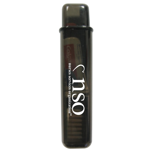 aerial view a translucent black to go travel toothbrush and colgate toothpaste, image 2 of 2