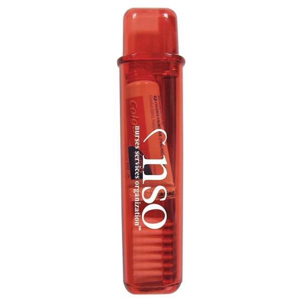 aerial view a translucent red to go travel toothbrush and colgate toothpaste, image 2 of 2