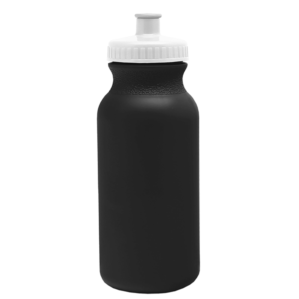 aerial view a black bottle & white lid 20 oz the omni color bike bottle with push pull lid, image 2 of 2