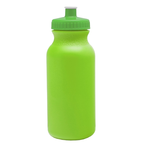 aerial view a lime green bottle & lime green lid 20 oz the omni color bike bottle with push pull lid, image 2 of 3