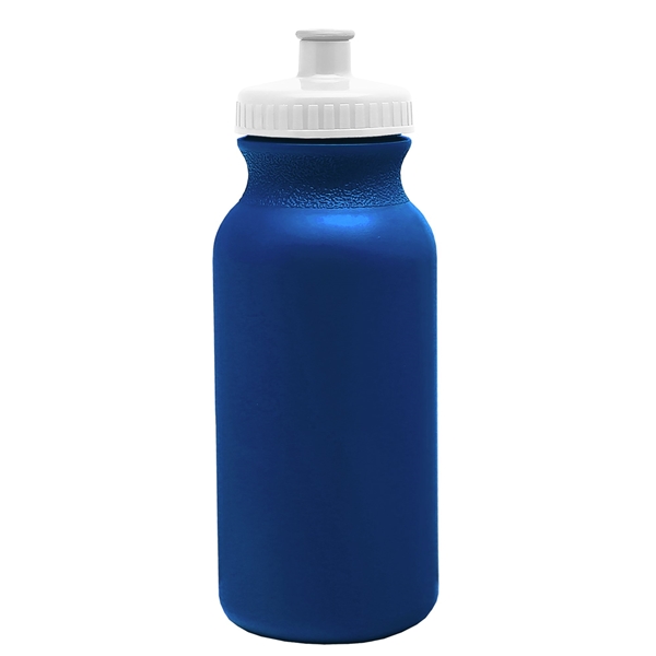 aerial view a metallic navy blue bottle & white lid 20 oz the omni color bike bottle with push pull lid, image 2 of 2