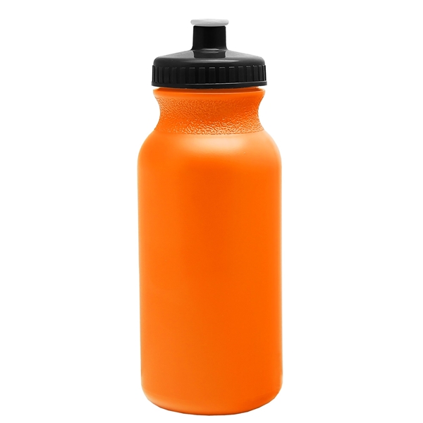 aerial view a neon orange bottle & black lid 20 oz the omni color bike bottle with push pull lid, image 2 of 2