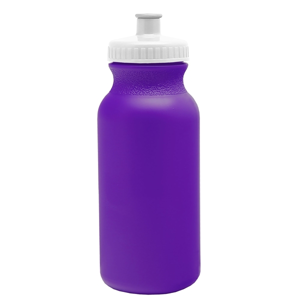 aerial view a violet bottle & white lid 20 oz the omni color bike bottle with push pull lid, image 2 of 2