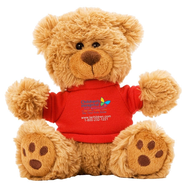 aerial view a red 6 plush teddy bear with t - shirt, image 5 of 5