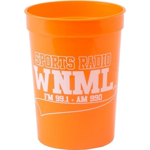aerial view a orange 12 oz custom smooth plastic stadium cup, image 2 of 2