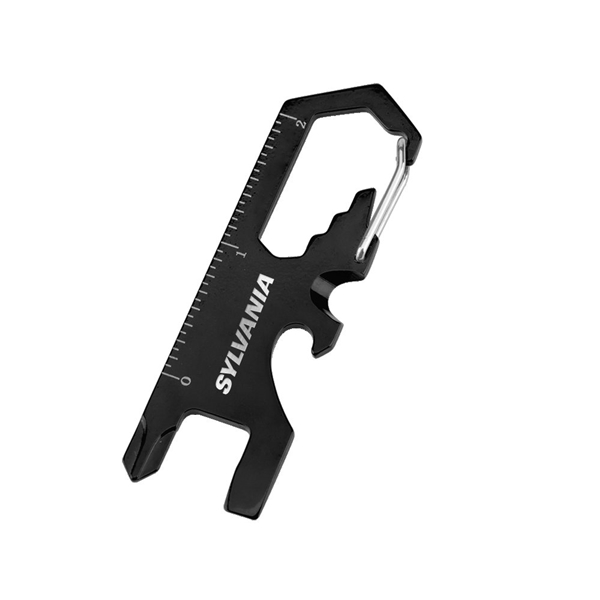 aerial view a black 8- in -1 stainless steel carabiner tool, image 2 of 3