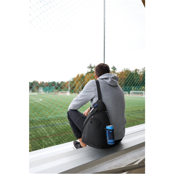 aerial view a group of polyester black wave monopack sling pack, image 3 of 6