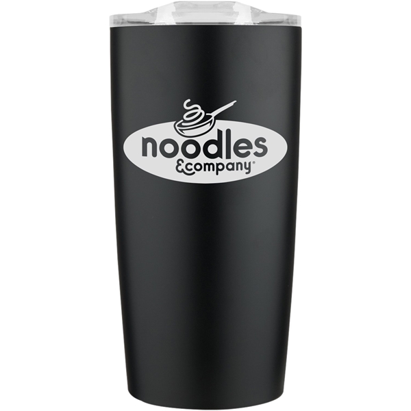 aerial view a black with clear lid 20 oz odin vacuum travel insulated stainless steel tumbler, image 2 of 2
