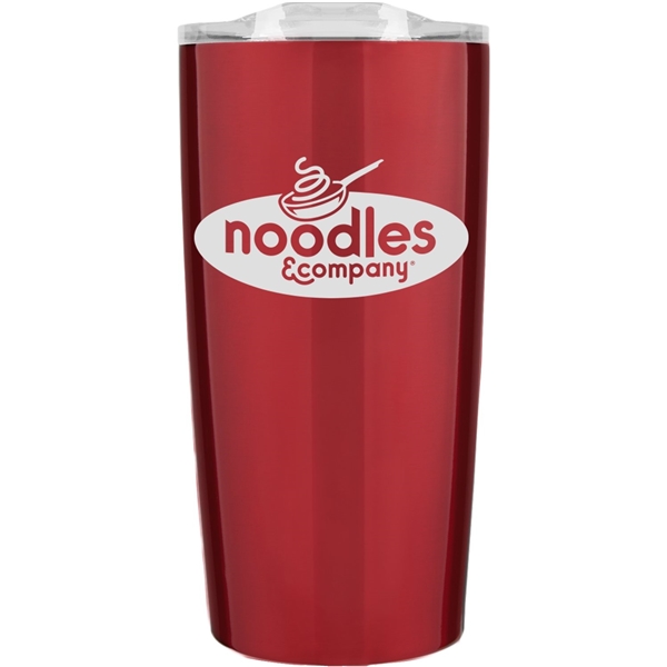 aerial view a red with clear lid 20 oz odin vacuum travel insulated stainless steel tumbler, image 2 of 2