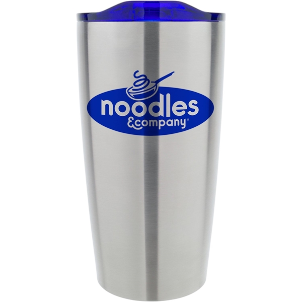 aerial view a stainless tumbler with blue lid 20 oz odin vacuum travel insulated stainless steel tumbler, image 2 of 2
