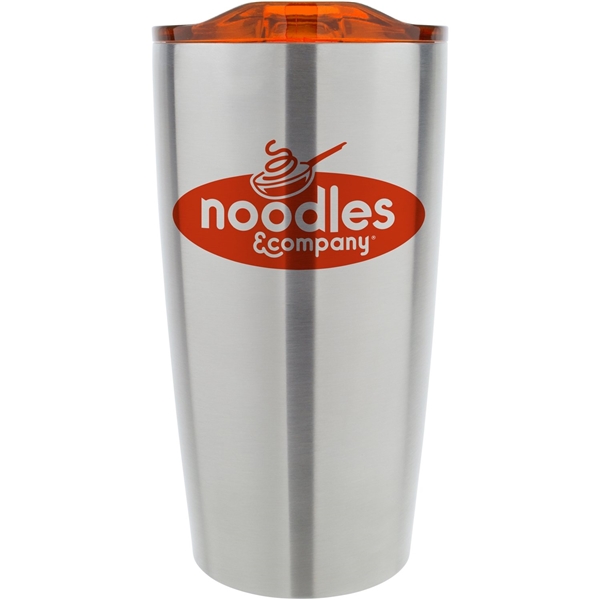 aerial view a stainless tumbler with orange lid 20 oz odin vacuum travel insulated stainless steel tumbler, image 2 of 2