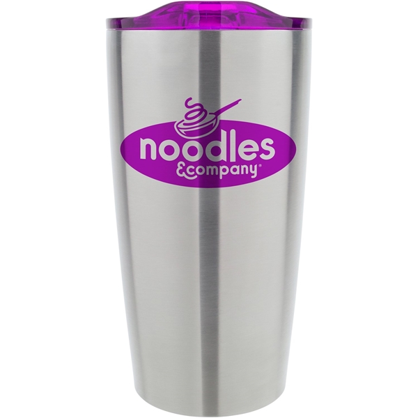 aerial view a stainless tumbler with purple lid 20 oz odin vacuum travel insulated stainless steel tumbler, image 2 of 2