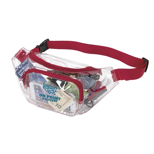 aerial view a clear/red pvc clear fanny pack, image 3 of 4