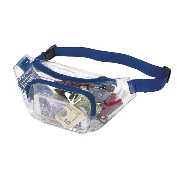 aerial view a clear/royal pvc clear fanny pack, image 3 of 3