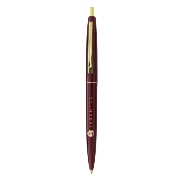 aerial view a burgundy barrel & burgundy cap gold trim pens, image 2 of 7