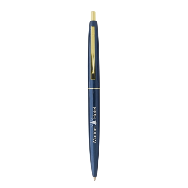 aerial view a metallic dark blue barrel & metallic dark blue cap gold trim pens, image 2 of 7