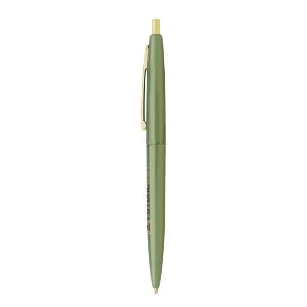 aerial view a metallic green barrel & metallic green cap gold trim pens, image 4 of 7
