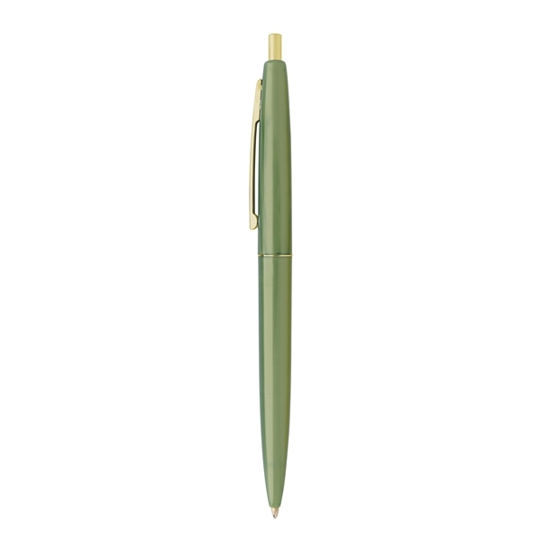 aerial view a metallic green barrel & metallic green cap gold trim pens, image 5 of 7