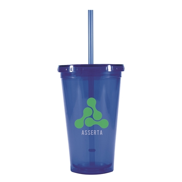 aerial view a blue 16 oz bpa free freedom tumbler, image 3 of 4
