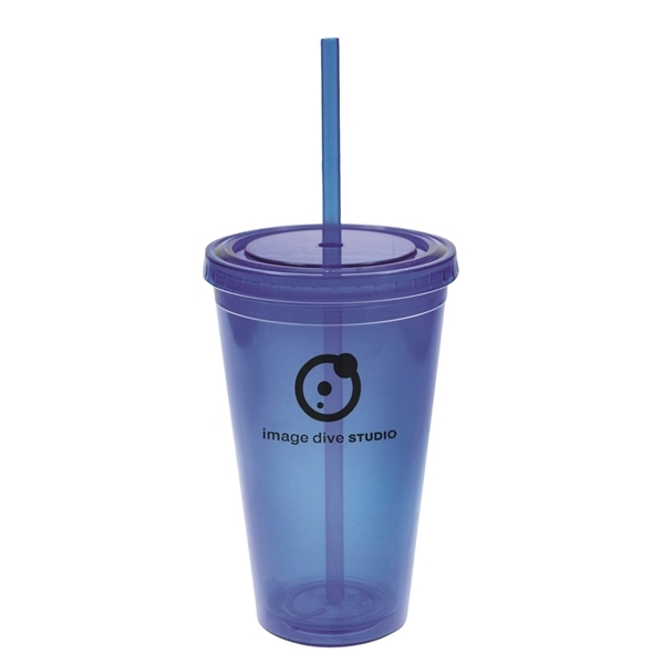 aerial view a blue 16 oz bpa free freedom tumbler, image 4 of 4