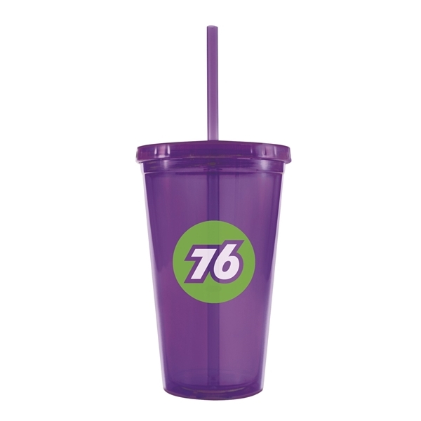 aerial view a purple 16 oz bpa free freedom tumbler, image 3 of 4