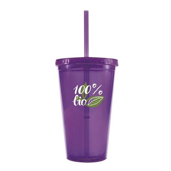 aerial view a purple 16 oz bpa free freedom tumbler, image 4 of 4