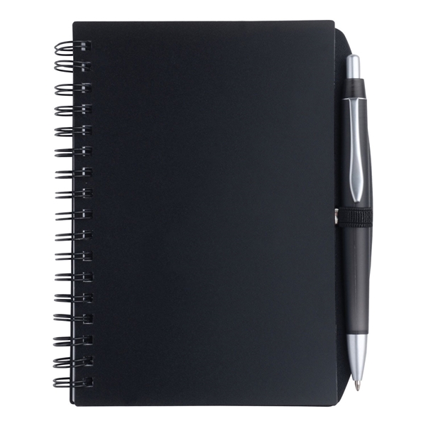 aerial view a black 6 1/8 x 4 1/4 spiral notebook with pen, image 2 of 2