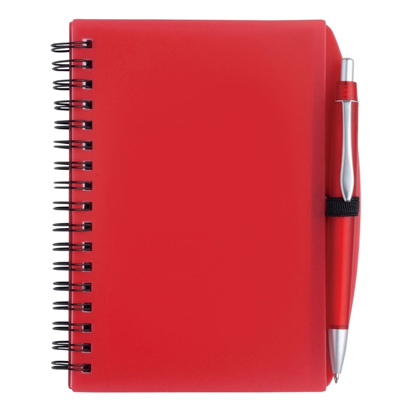 aerial view a red 6 1/8 x 4 1/4 spiral notebook with pen, image 2 of 2