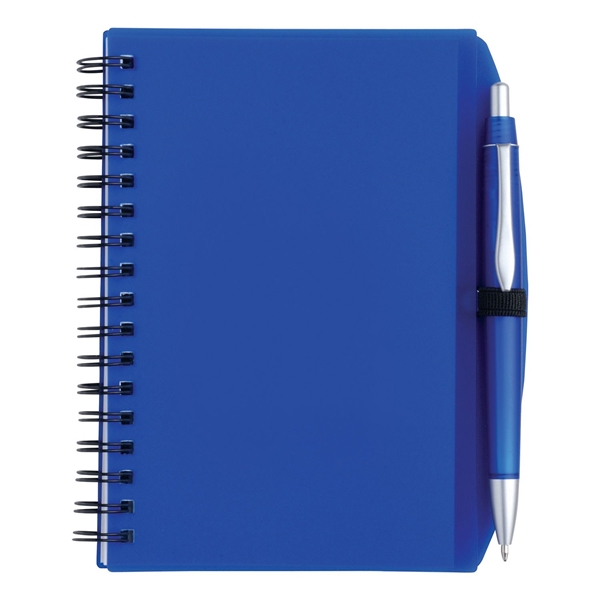 aerial view a blue 6 1/8 x 4 1/4 spiral notebook with pen, image 2 of 2