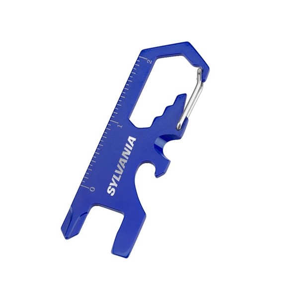 aerial view a blue 8- in -1 stainless steel carabiner tool, image 2 of 2