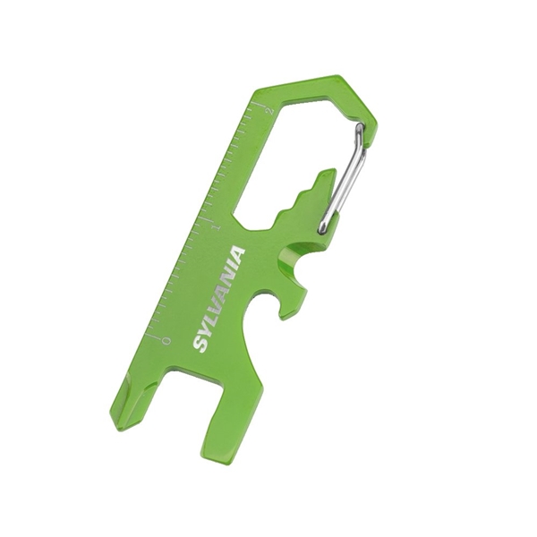 aerial view a lime green 8- in -1 stainless steel carabiner tool, image 2 of 2