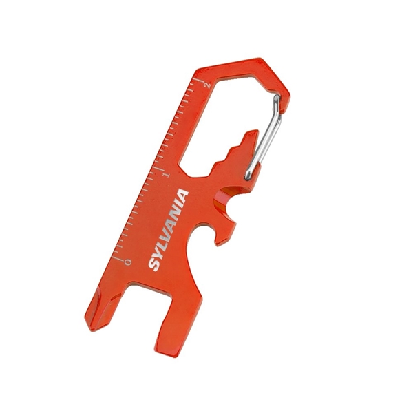 aerial view a orange 8- in -1 stainless steel carabiner tool, image 2 of 2
