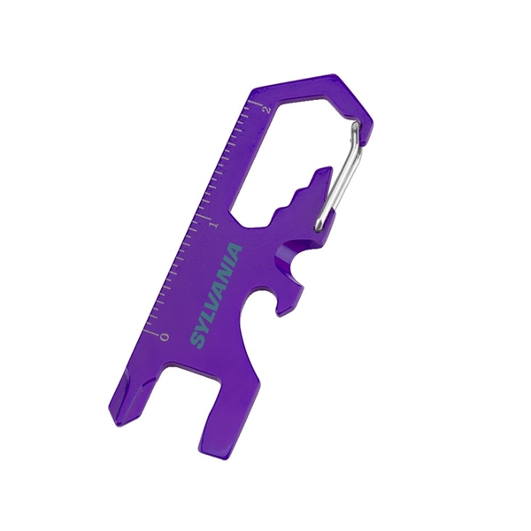 aerial view a purple 8- in -1 stainless steel carabiner tool, image 2 of 2