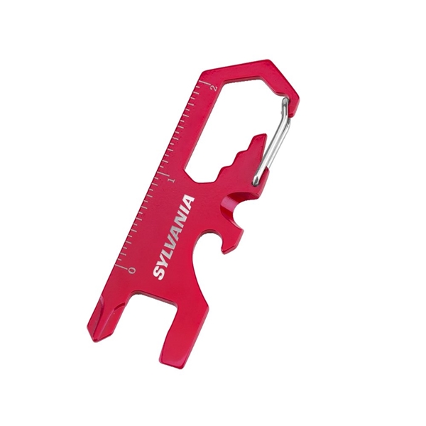 aerial view a red 8- in -1 stainless steel carabiner tool, image 2 of 2