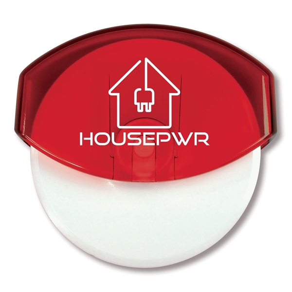 aerial view a translucent red personalized pizza cutter, image 2 of 2