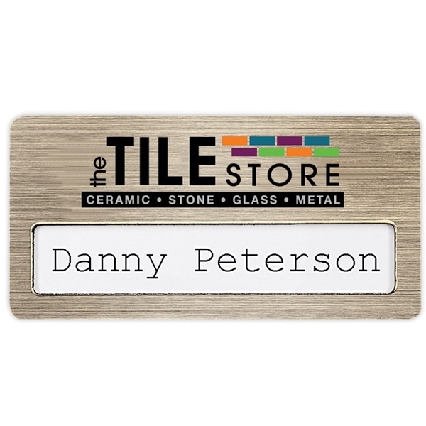 aerial view a brushed gold atlanta vogue name badge (standard size 3 x 1-1/2), image 2 of 2